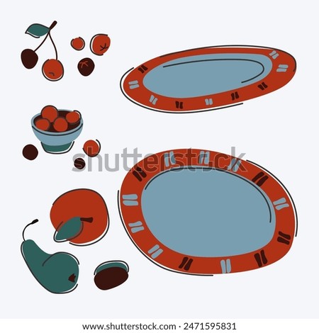 Harvesting in the garden. Tray in two angles. Tableware with ornament. Cherries, apple, pear, plum. Contrasting color scheme. Intermittent outline