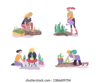 Harvesting and gardening people doing farming and garden job, pick berries, remove weeds, watering, planting, growing and transplant sprouts, lay ripe vegetables to box. Reaping crop concept