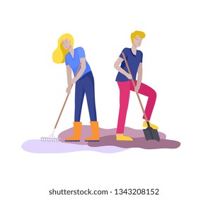 Harvesting and gardening people man and woman doing farming and garden job, dig and remove weeds, watering, planting, growing and transplant sprouts. Spring concept