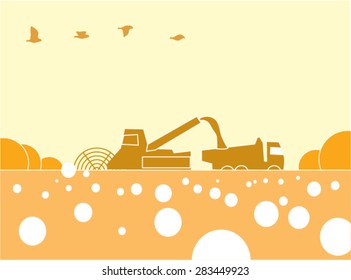 Harvesting grain harvester Bulk grain in truck. Vector