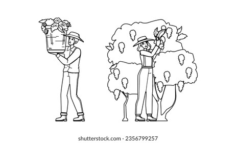 harvesting grapes vector. grape wine, vineyard vine, red agriculture, winery autumn, food green harvesting grapes character. people black line illustration