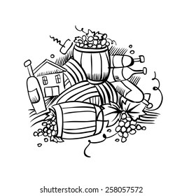 Harvesting grapevines on white background. Hand drawn illustration with wine bottles and wine barrels