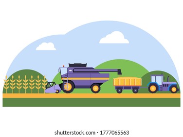 Harvesting. The harvester collects wheat in a tractor trailer. Farm landscape in flat design. Screensaver for the site. Vector stock illustration.