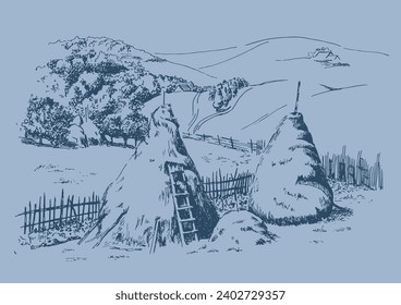 Harvesting of hay in the field. Hand drawn vector illustration.