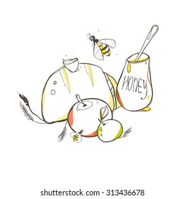 Harvesting. Holiday Cards with warm bread, honey and fruit.