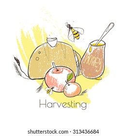 Harvesting. Holiday Cards with warm bread, honey and fruit.