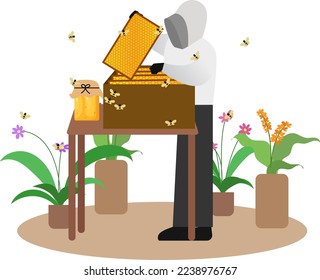 Harvesting Honey vector illustration, worker harvesting honey on an apiary. honey farm from bees, pick honeycombs from bee apiary, beekeeping. safety clothes for worker, the food and beverage industry