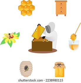 Harvesting Honeycomb by beekeeper vector illustration, farm industry, honey harvest set, bee apiary, honeycomb, honey product, bee nest and flower nectar