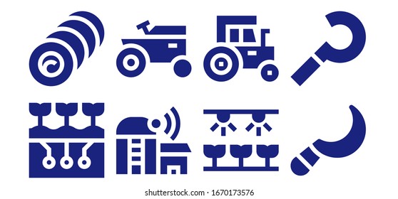 conjunto de iconos de cosecha. 8 iconos de cosecha rellenos. Incluidos los íconos de la agricultura, la espelta, la granja, el tractor, el esquisto