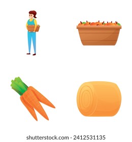 Harvesting icons set cartoon vector. Agriculture worker produce food product. Farming harvest, organic production