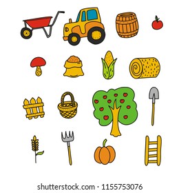 Harvesting icons set. Harvest cartoon concept design. Farm equipment. Agriculture vector illustration. Colored outline