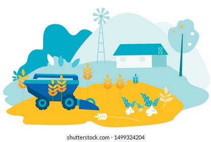 Harvesting Machine On Farm Background. Vector Illustration. New Technologies. Harvest. Farm Products. Farm Business. Remote Controlled Harvesting Machine. Field on Barn Background.