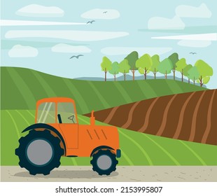 Máquina de cosecha, tractor, campos, paisaje rural. Preparación de los agricultores para la siembra de cultivos. Ilustración vectorial.