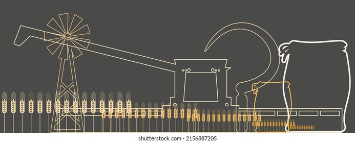 Harvesting machine working in the field. Combine harvester agricultural machine ride in the field of ripe wheat. Thin line style