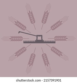 Harvesting machine working in the field. Combine harvester agricultural machine in the circle of ripe wheat radial rays. Agricultural emblem