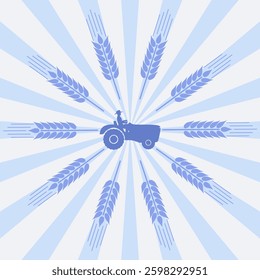 Harvesting machine working in the field. Tractor agricultural machine in the circle of ripe wheat radial rays. Agricultural emblem