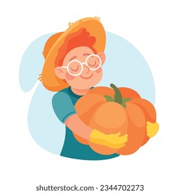 Harvesting Man Character in Hat Holding Ripe Pumpkin Crop Vector Illustration