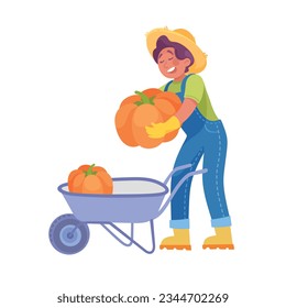 Harvesting Man Character in Hat Put Pumpkin in Wheelbarrow Vector Illustration