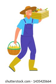 Harvesting man smiling and carrying products in basket vector. Isolated person wearing hat holding bucket with pear, tomato and pepper, veggies in containers