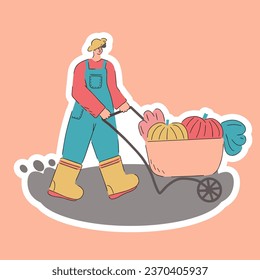 Cosechando. Un hombre está cosechando. Pegatina. Carro con calabazas. Trabajo agrícola de otoño. Ilustración plana.