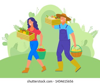 Harvesting man and woman vector, people with wooden containers carrying picked goods on farm. Peppers and pears, fruits and veggies, greenery of rural nature