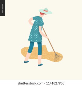 Harvesting people, fall - flat vector concept illustration of a woman wearing straw hat raking hay into the stack. Reaping the crop concept.