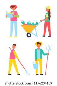 Harvesting people icons set. Farmers working on land using rake hayfork and bucket. Season of gathering fruits and vegetables, autumn works vector