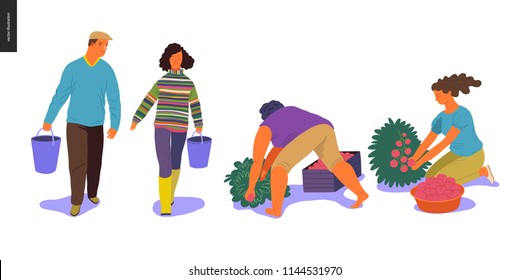 Harvesting people - set of vector flat hand drawn illustrations of people doing farming job - watering, gathering, planting, growing and transplant sprouts, self-sufficiency and harvesting concept