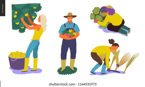 Harvesting people - set of vector flat hand drawn illustrations of people doing farming job - watering, gathering, planting, growing and transplant sprouts, self-sufficiency and harvesting concept