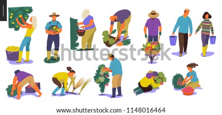 Harvesting people - set of vector flat hand drawn illustrations of people doing farming job - watering, gathering, planting, growing and transplant sprouts, self-sufficiency and harvesting concept