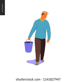 Harvesting people - vector flat hand drawn illustration of an adult man wearing a cap and a sweater carrying a basket full of water. Self-sufficiency, farming and harvesting concept