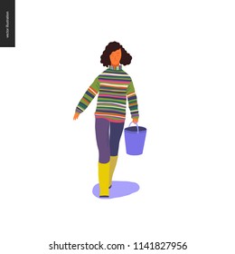 Harvesting people - vector flat hand drawn illustration of a young woman wearing a striped sweater and rubber boots carrying a basket full of water. Self-sufficiency, farming and harvesting concept