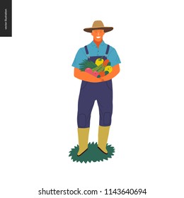 Ernte Menschen - Vektorebene handgezeichnete Illustration eines erwachsenen Mannes mit Strohhut, Overalls und Gummistiefel, die einen Haufen grünes Gemüse halten. Selbstversorgung, Landwirtschaft und Ernte