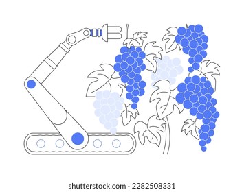 Cosecha y recolección de robots abstracta concepto de ilustración vectorial. Uvas de recolección de robots, agricultura inteligente, tecnología de agricultura moderna, máquina de computadoras en metáfora abstracta de agroindustria.