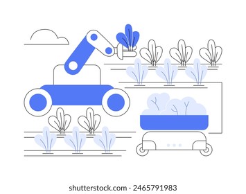 Cosecha y recolección de robots aislados de Ilustraciones vectoriales de dibujos animados. Proceso de cosecha utilizando la recogida de robots automatizados, tecnología moderna, la industria de innovación agrícola Vector de dibujos animados.