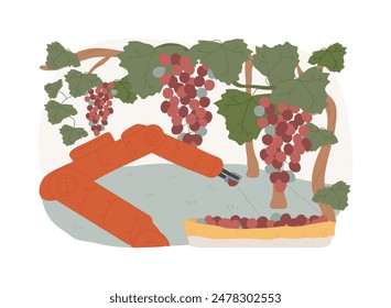 Cosecha y recolección de robots aislados de Ilustraciones vectoriales de dibujos animados. Robot cosechando uvas, agricultura inteligente, tecnología agrícola moderna, máquina de computadora en la caricatura del Vector de la agroindustria.