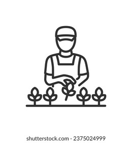 Harvesting or planting a plant, linear icon. A human planting or harvesting a plant. Line with editable stroke