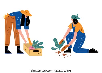 Harvesting and planting. Vector characters gardeners. Flat illustration.