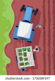 Harvesting plants semi flat vector illustration top view. Cultivating organic crop. Produce natural vegetables. Countryside plantation. Farmer 2D cartoon characters for commercial use