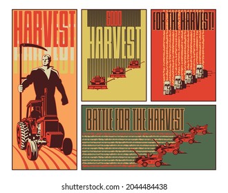 Harvesting Propaganda Poster Set, Peasant, Harvesters, Tractors