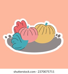 Harvesting. Pumpkins are in a box. Sticker. Agricultural autumn work. Flat isolated illustration