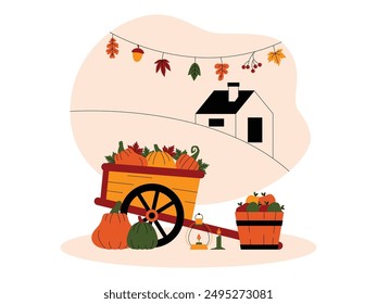 Harvesting pumpkins placed on wooden cart and apples in wooden bucket while chilling music, fall season vector illustration.