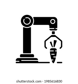 Harvesting robotics black glyph icon. Smart industrial environments. Modern farm technology. Automation and engineering in biotechnology. Silhouette symbol on white space. Vector isolated illustration