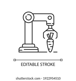 Harvesting robotics linear icon. Smart industy. Modern farm technology. Engineering in biotech. Thin line customizable illustration. Contour symbol. Vector isolated outline drawing. Editable stroke