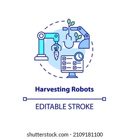 Harvesting robots concept icon. Innovative agricultural industry abstract idea thin line illustration. Isolated outline drawing. Editable stroke. Roboto-Medium, Myriad Pro-Bold fonts used
