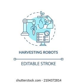 Harvesting robots turquoise concept icon. Plucking crops automation abstract idea thin line illustration. Isolated outline drawing. Editable stroke. Roboto-Medium, Myriad Pro-Bold fonts used