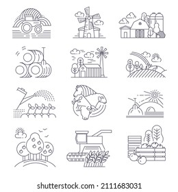 Harvesting season, agriculture and farming in village and countryside. Growing crops and wheat, mill and tractor on field. Animals and livestock, sheep and horse. Growth of apples on trees, vector
