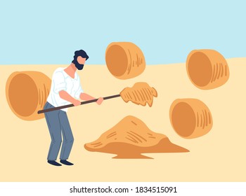 Harvesting season in autumn, male character making hay bales from dry grass using agricultural instruments. Man with hayfork tool working on field with wheat or barley, vector in flat style