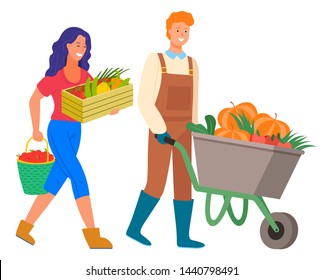 Harvesting season vector, isolated man and woman with fresh products. Agricultural workers with carriage and pumpkins, tomato and carrots. Lady with apples