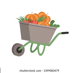 Harvesting seasonal food vector, isolated cart with veggies, vegetables pumpkins and carrots with foliage, agricultural season of gathering plantation